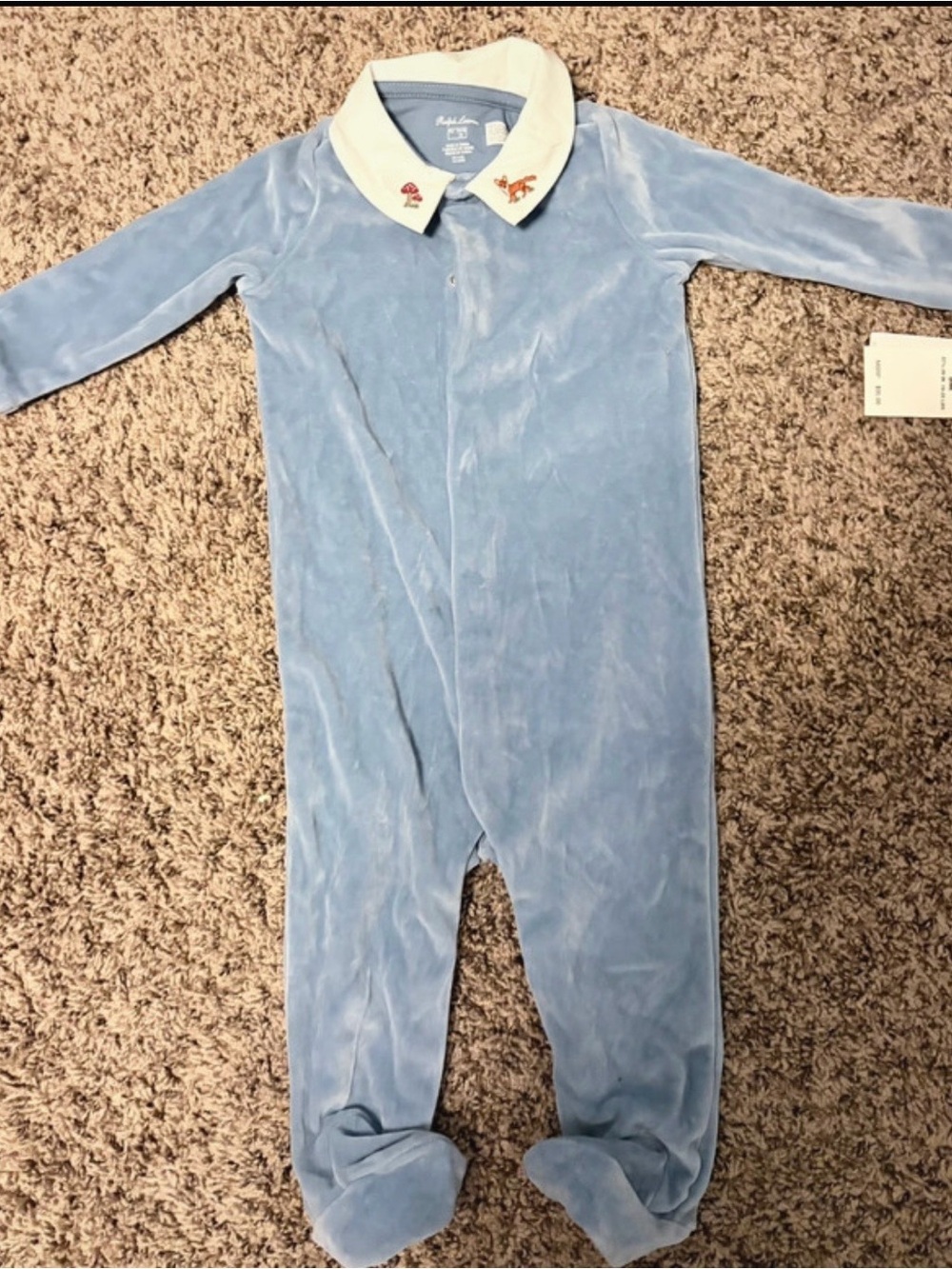 Ralph Lauren Light Blue Velour Footed One-Piece with White Embroidered Collar